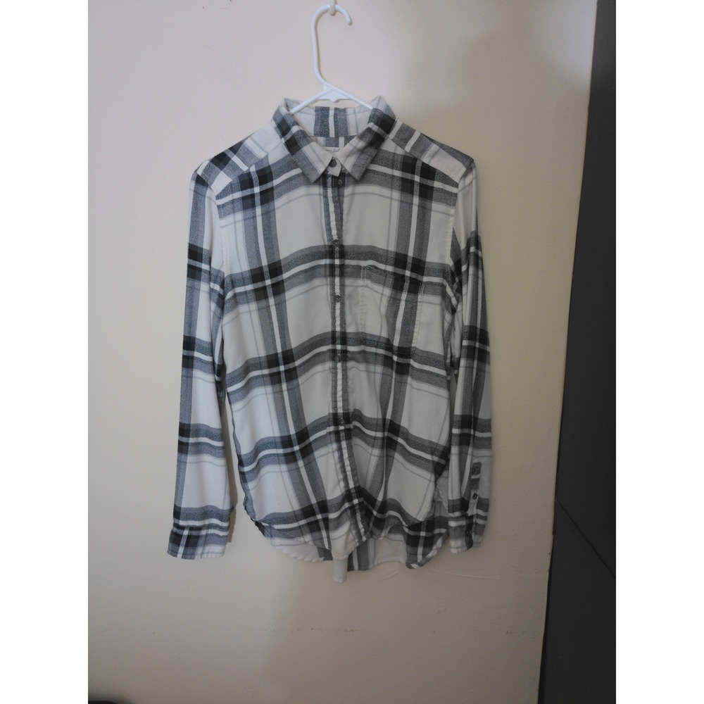 American Eagle Button Down Men S Black White Plaid Soft Boyfriend Fit Flannel